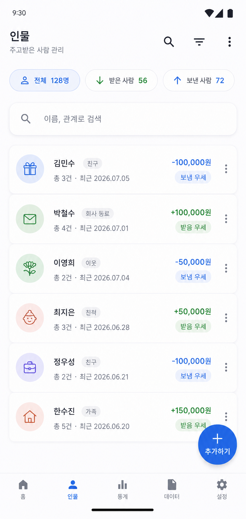 부조노트 인물 관리 화면