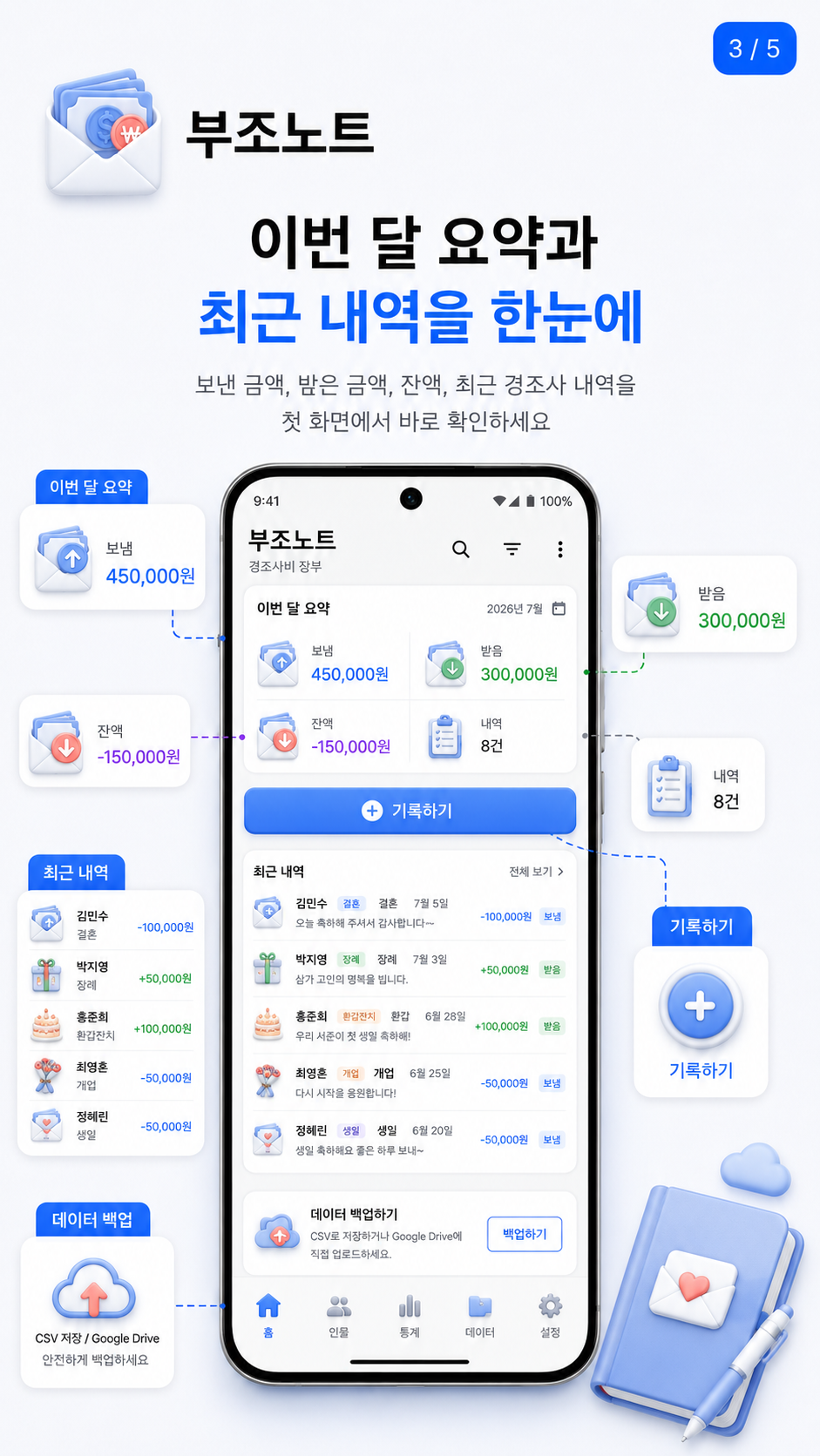 부조노트 홈 화면